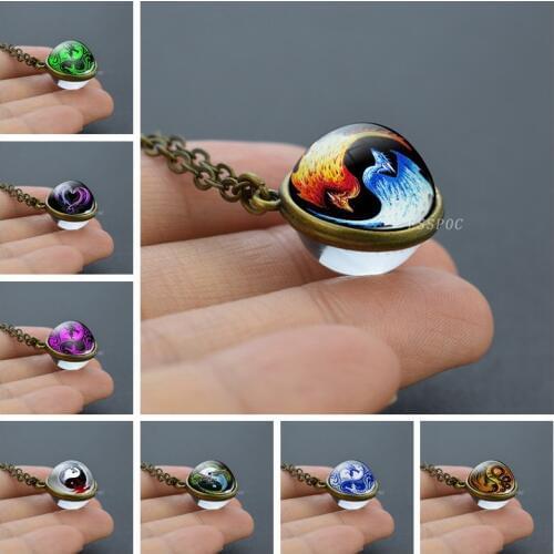 Double Side Yin Yang Taichi Necklace Yin Yang Dragon Glass Ball Pendant Bronze Chain Necklace Choker for Women Men