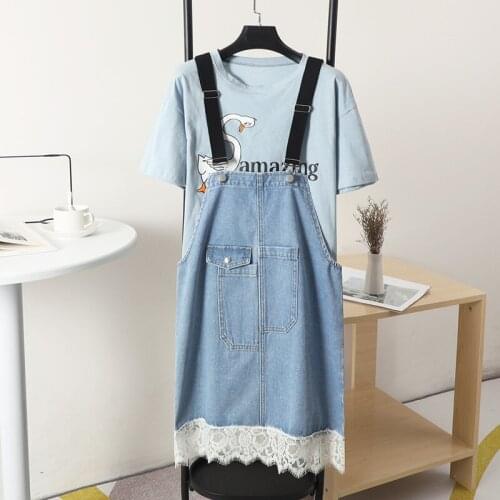 Girls Denim Strap Dress Woman Big Pocket Teens Summer Dress Strap Jeans Dress with Lace Female Overalls Femme