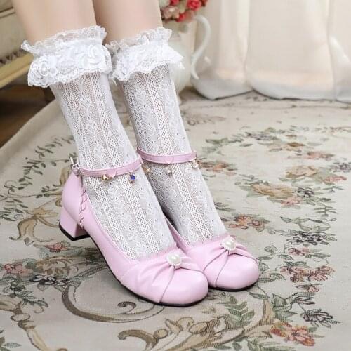 Classic Lolita Kawaii Shoes Pearl Lady Female Summer Student Big Size 42 Bow Lovely Lace Loli Goth Shoe Cosplay Anime Mid Heel