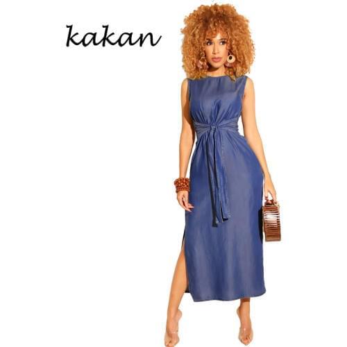 Kakan new womens dress sleeveless high slit denim dress dark blue light blue black dress