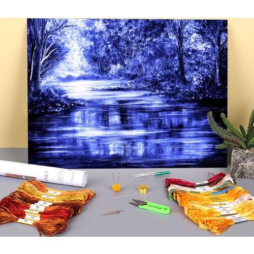 Natural Scenery Moody Blue Printed Canvas 11CT Cross Stitch DIY Embroidery Full Kit DMC Threads Knitting Counted