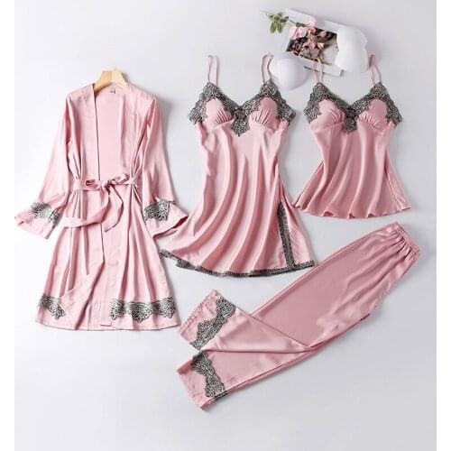 4 Pcs Suit Sexy Pajamas Womens Ice Silk With Chest Pad Suspender Nightgown Thin Pyjamas