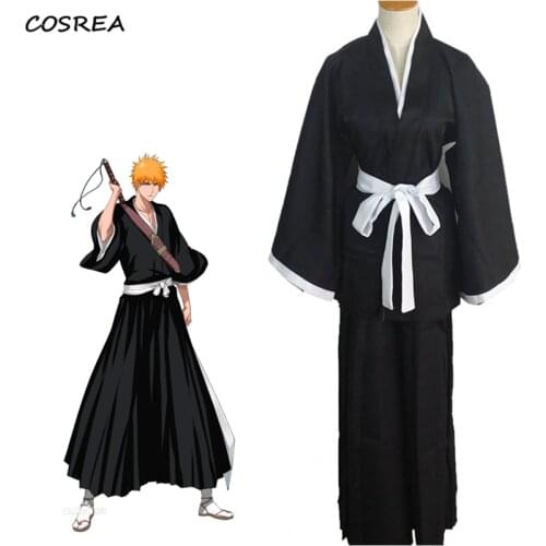 Anime BLEACH Kurosaki Ichigo Cosplay Costume Shinigami Death Kimono Soul Reaper Full Set Halloween Tops Pants Sash Kuchiki Rukia