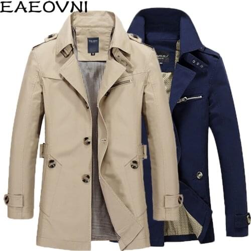 EAEOVNI Mens Business Jacket Fashion Autumn Men Long Cotton Windbreaker Jackets Overcoat Male Casual Winter Trench Outwear Coat