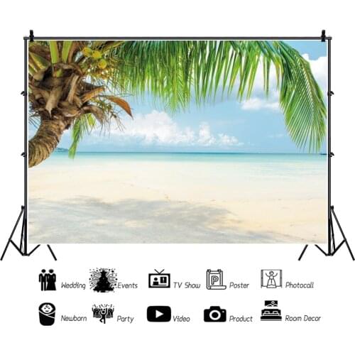 Laeacco Sea Beach Sand Summer Tropical Palms Tree Holiday Sky Cloudy Scenic Photo Background Photographic Backdrop Photo Studio