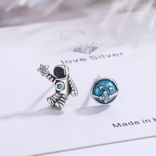 925 Sterling Silver Astronaut Planet Charm Stud Earrings For Women Engagement Party Jewelry Oorbellen eh1414