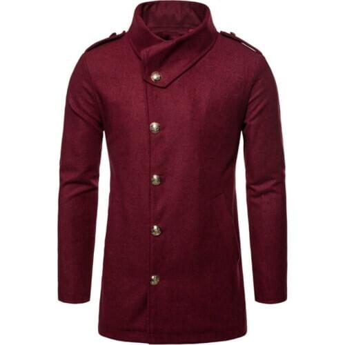 Mens Jacket Winter New Fashion Solid Color Casual Metal Buckle Mid-Length Woolen Coat