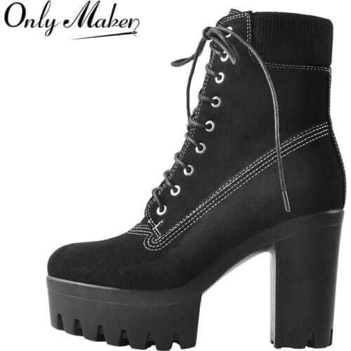 Onlymaker Womens Round Toe Lace Up Platform Ankle Booties Big Size Black Fashion Short Boots