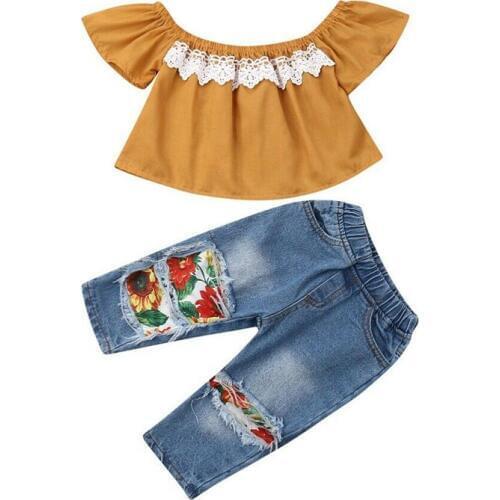 1-5Y 2019 Fashion Summer Kid Baby Girl Clothes Sets Off Shoulder Lace T-shirts Floral Holes Denim Pencil Pants 2Pcs Girl Outfits