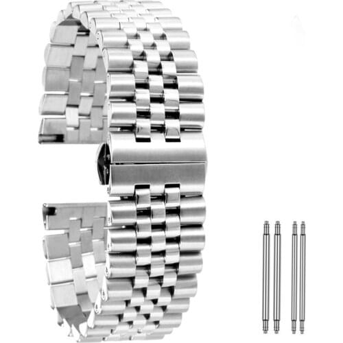 20/22mm Lug Width Silver Stainless Steel Watch Band 5 Beads Butterfly Buckle Replacement Bracelet Strap
