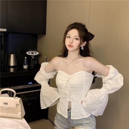 Retro French design off shoulder Lotus Root Sleeve shirt drawstring long-sleeved tops with detachable sleeves white blouse