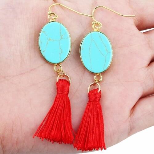 TUMBEELLUWA Tassel Earrings Boho Long Earrings Semi Precious Stone Bohemia Tassel Hook Drop Dangle Earrings Women Jewelry