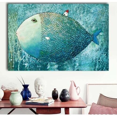 Nordic blue abstract fish ocean poster watercolor wall art printing office living room children room decoration TZ076