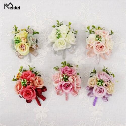 Meldel Wedding Boutonniere Bridesmaids Wrist Corsage Girl Bracelet Artificial Silk Rose Flower Red Corsage Groomsmen Boutonniere