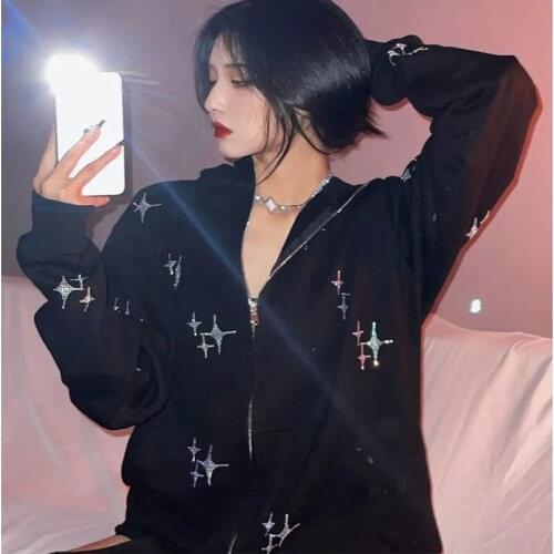 Long Sleeve Oversize Hip Hop Sweatshirt Zipper Shining Star Diamond Print Vintage streetwear women clothing american Gothic Fall
