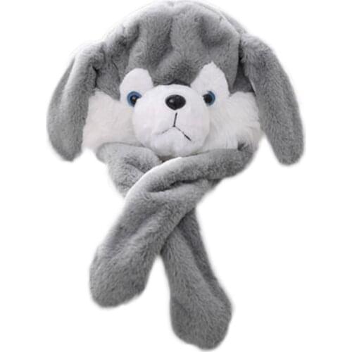 Unisex Light Up Husky Plush Animal Hat with Moving Long Ears Funny Puppy Dog LED Glowing Earflap Cap Stuffed Toys Cosplay Party