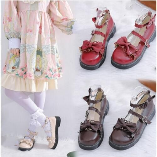 Japanese student sweet lolita shoes vintage round head comfortable women shoes cute bowknot cross strap kawaii shoes loli cos