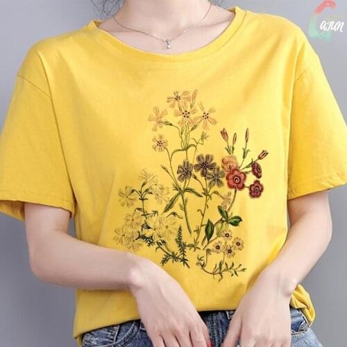 Summer 2021 Kpop Yellow Women Flowers Fashion Short Sleeve T Shirt Aesthetic Clothes Graphic T-Shirt Girl 90s Harajuku Women Top