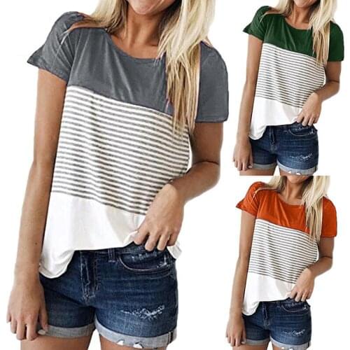 Women Short Sleeve Triple Hit Color Block Stripe Splice Patchwrok Plus Size T-shirt Casual Female Girls Large Casual Clothes