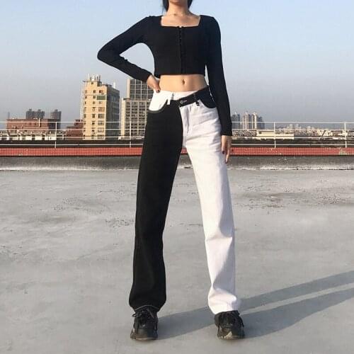 2021 Autumn New Irregular Stitching Contrast Black and White High-waisted Straight Ladies Jeans Casual All-match Womens WS84