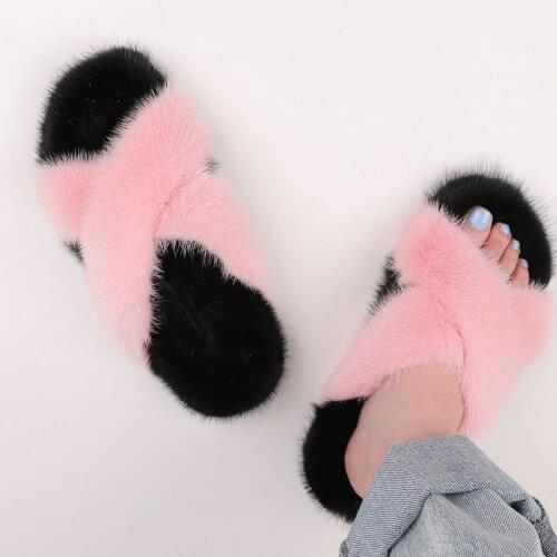 Womens 100% Real Mink Fur Slippers Rainbow Fur Slippers Cute Fur Flip Flops Travel Shoes