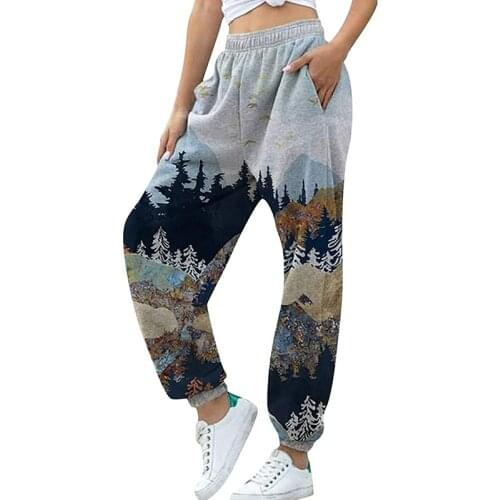 Women Sportswear Casual Pants Sweatpant Fashion Elastic Waist Landscape Print Pants for Ladies Female Spring Autumn 2021 New