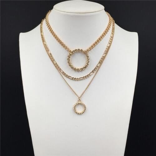 Bohemia Gold Color Plating Twin Textured Circle Layered Necklace For Women Girl Casual Elegant Vintage Unique Jewelry Accessory