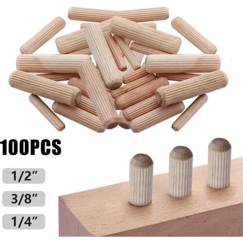 100pcs Hardwood Wooden Dowel Cabinet Drawer Round Fluted Wood Craft Pins Rods Set Straight-grained Wood Tips 1/2'' 3/8'' 1/4