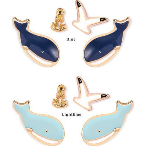 Fashion Design Cute Blue Whale Stud Earring For Women Girls Fish Whale Seagull Anchor Ear Jewelry Gifts 4 pieces