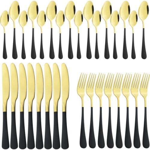 8set Dinnerware Black Gold Knife Fork Spoon Teaspoon Stainless Steel Set Silverware Set Cutlery Flatware Kitchen Home Tableware