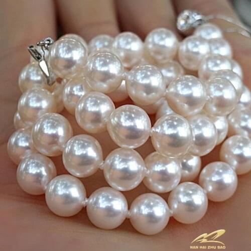 925 silver real natural big Genuine natural seawater pearl necklace 9-10mm white circle very light flawless