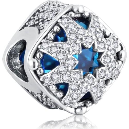 Authentic S925 Bead fit Lady Bracelet Bangle Glacial Beauty Swiss Blue & Clear CZ Crystals Charm DIY Jewelry