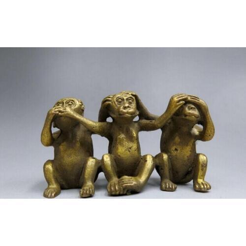 Free shipping Folk Art Exquisite hand-carved Brass Three Monkeys sculpture Home decor Metal crafts, special gifts