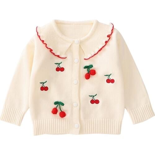 Childrens Sweater 2021 Autumn and Winter Girls Princess Clothes Childrens Lapel Cherry Cardigan Kids Jacket Tops