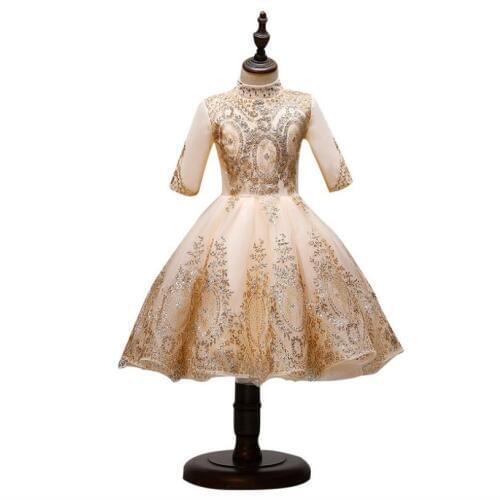 Long Sleeve Baby Girl Dress Golden Sequin Lace Infant Baptism Princess Birthday Party Wedding Gown Baby Girl Christening Dress