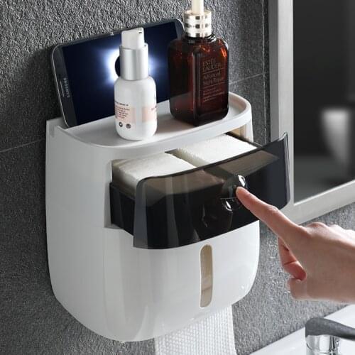 Double Layer Tissue Box Cell Phone Placement Storage Rack Wall-Mounted Waterproof Tissue Box Holder Bathroom Roll Paper Shelf