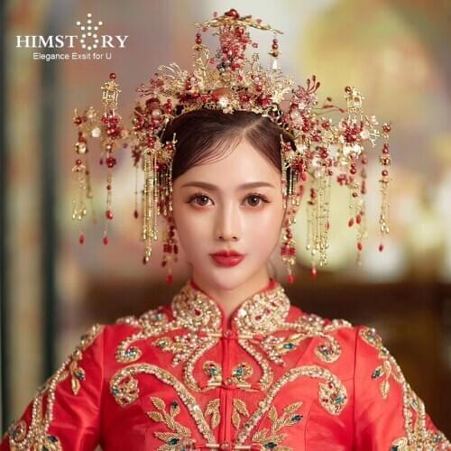 HIMSTORY Traditional Chinese Wedding Bride Gold Queen Crown Red Pearls Headpieces Vintage Wedding Stage Headdress Hair Accessory