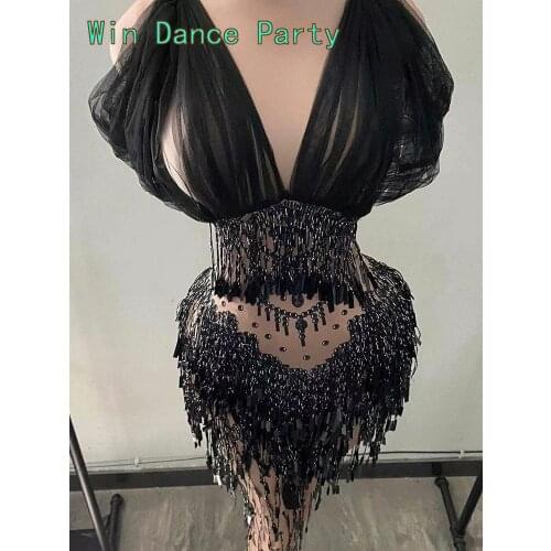 Sexy V-neck Black Mesh Sequins Jumpsuit for Women Nightclub Costumes Stage Outfit Bar Party Singer Backless Bandage Jumpsuit