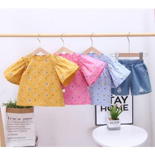 Summer new Fashion Kid Girls Clothes Set Cartoon print Puff Sleeve T shirt Tops Denim Shorts 2pcs Outfit