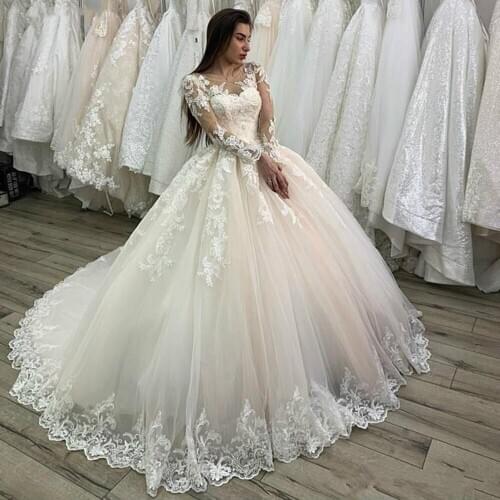 Sheer Tulle Neck Wedding Dresses 2020 Lace Appliques Ball Gown Bridal Dress Custom Made Long Sleeves Bride Gowns Plus Size Women