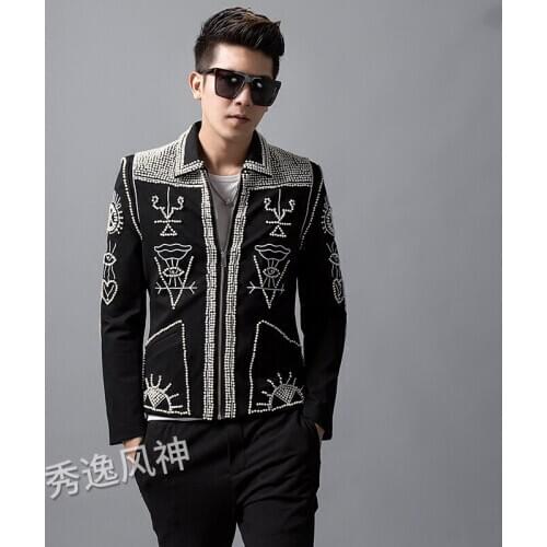 Jacket Hand beads men Stand Collar Slim Blazers Coat Wedding Bar Singer Stage Costume Blaizer Hombre heavy wormanship outfit