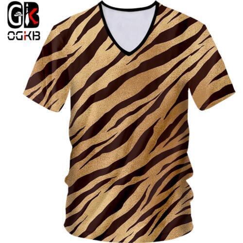 OGKB Summer Man New Slim Fit V Neck Tshirt 3D Printed Black White Leopard Print Casual Big Size Costume Spring Mens T Shirt