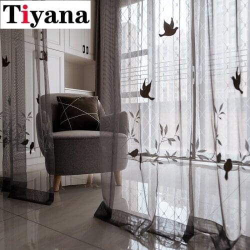 Pastoral Gray Bird Tulle Curtains for Living Room Embroidered Window Gauze Simple Tulle Balcony Bay Window Living Room JK106Z