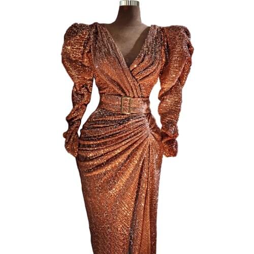 Bubble sleeves Ruched فساتين السهرة robe de soirée Floor Length вечерние платья Dress With BeltFOE31207