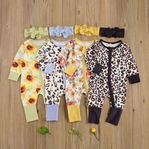 Lovely Newborn Baby Girls Boys Romper Headband 2pcs Leopard/Sunflowers Print Long Sleeve Zipper Jumpsuits 4 Style