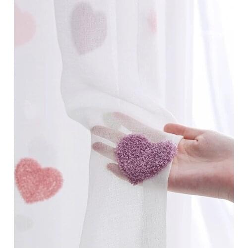 Pink Heart Embroidered Tulle Curtain For Kids Girls Bedroom Cartoon Curtain Tulle For Living Room Window Panel Decoration Sheer