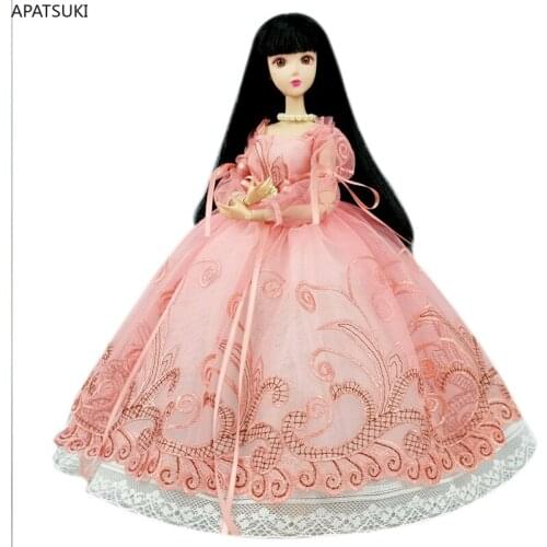 Pink Handmade Princess Wedding Dress For Barbie Doll Outfits Clothes 1/6 Dolls Accessories Puff Sleeve Bowknot Party Gown Toys