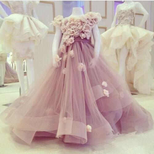 Pink Tulle Flower Girls Dresses With Hand Made 3D Flowers Puffy Pageant Party Gowns Tiered Ruffles Kids Formal Wears