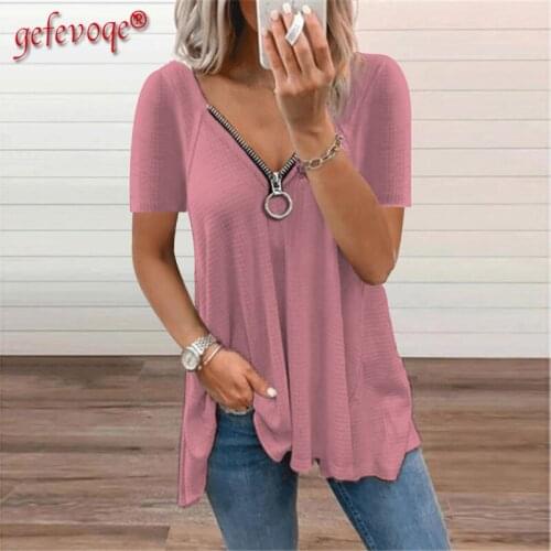 Sexy V-Neck Zipper Basic T-Shirt Summer Casual Plus Size Short Sleeve Tee Shirts Solid Ladies Tunic Tops Womens Clothing 2021