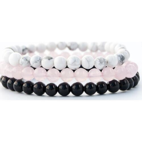 Calming The Mind Stacking Bracelet Rose Q-uartz White Howlite And Black Onyx Wrist Set Of 3 Bracelet Healing Crystals Jewelry